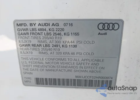 2017 Audi Q3 2.0T Premium z USA, uszkodzony, nr VIN WA1JCCFS2HR003974